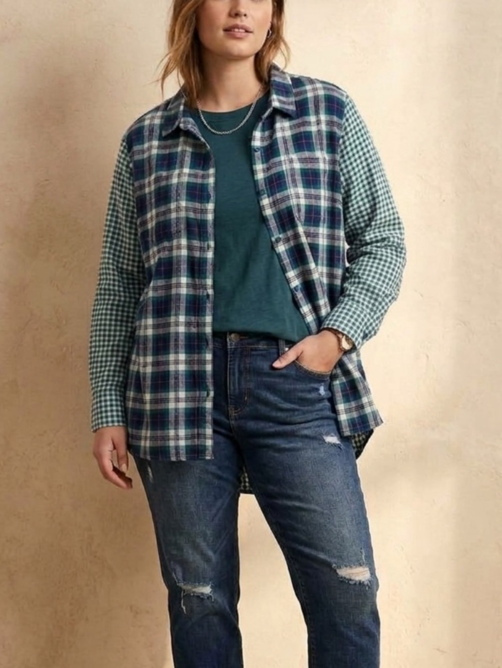 Cato Plaid Mixed Media 100% Cotton Button Down Flannel in Green & Blue